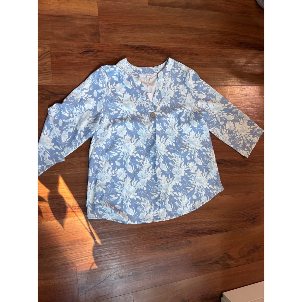 Womens Blue White Floral Split V-Neck 3/4 Sleeve Blouse Top